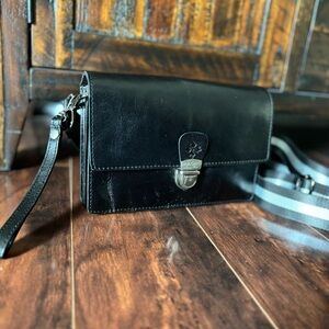 Patricia Nash Black Leather Crossbody Bag with Striped Strap NWOT